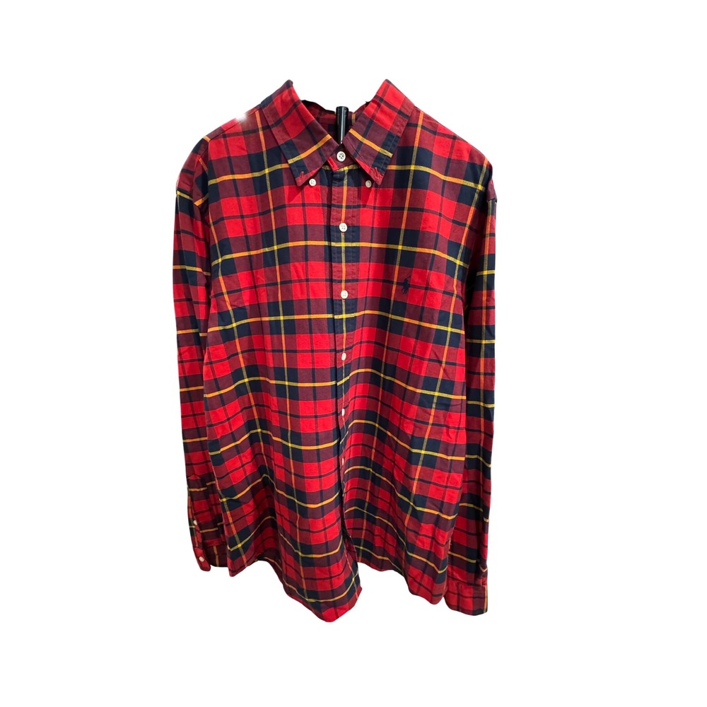 Ralph Lauren Mens Large Red Navy Yellow Plaid Button Down Cotton Shirt L - Picture 2 of 9